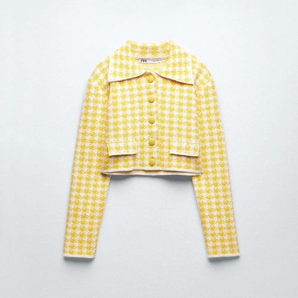 Zara Yellow Houndstooth Cropped Cardigan - Picture 5 of 16
